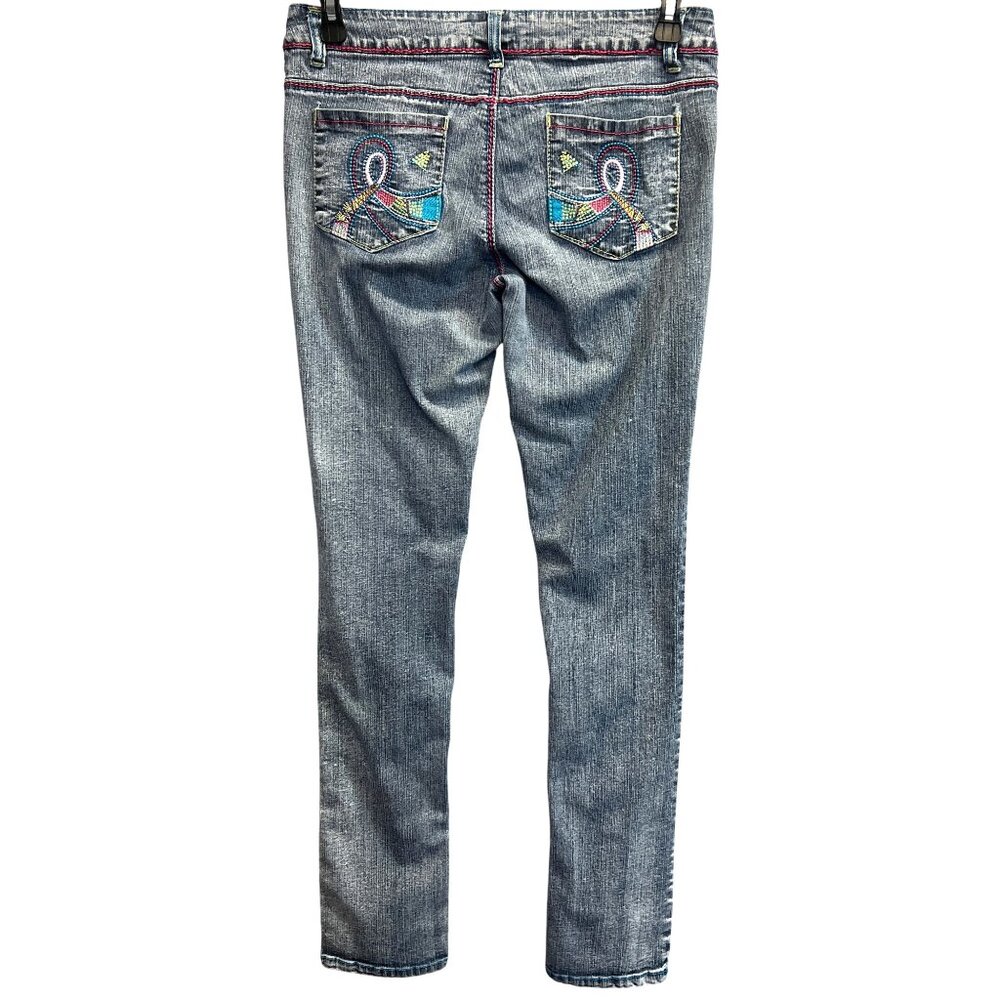 Jenny Jo Jeans Skinny Jeans 9/10 Denim Multi-Color Embroidered Stitching - Picture 2 of 4
